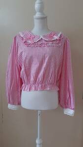 No.2391_ abroad Lolita _ new goods _ pink silver chewing gum check pull down blouse 