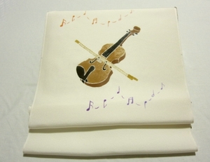 Art Auction [Violin and musical notes] Tango crepe pure silk◆All hand-painted Yuzen dyed◆9-inch Nagoya obi fabric◆Untailored, band, Nagoya obi, untailored