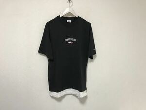 本物トミージーンズTOMMY JEANSコットンロゴ刺繍半袖Tシャツメンズアメカジサーフミリタリービジネススーツ黒ブラックS