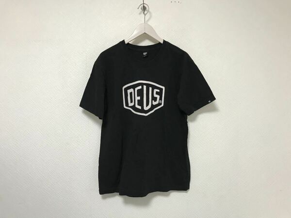 本物デウスDEUSコットンロゴプリント半袖Tシャツメンズアメカジサーフミリタリービジネス黒ブラックアメリカ製L