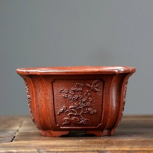 Art hand Auction The latest popular recommendation ☆ Purple clay Bonsai pot Flower pot Square pot Relief Purple clay painting Handmade Width 15.7cm x Height 8.8cm, bonsai, Bonsai Tools, Pot