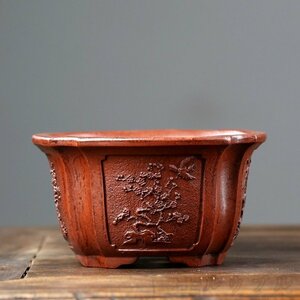 Art hand Auction Latest popular recommendation ☆ Purple sand, purple mud, bonsai pot, flower pot, square pot, embossed, purple mud painting, handmade, width 15.7cm x height 8.8cm, bonsai, bonsai tools, pot