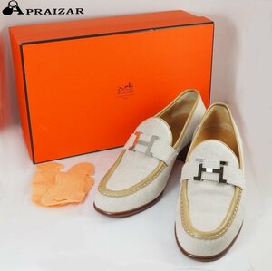 HERMES エルメス コンスタンス キャンバス/レザー ローファー パンプス 36 1/2 ベージュ系 ケース付 [54438]