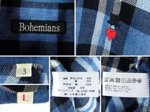 ■BOHEMIANS ボヘミアンズ / 日本製 / メンズ / バンドカラー スタンドカラー / LOVE & HAT 刺繍入り / ブルー チェックシャツ size 3 (L)_画像3