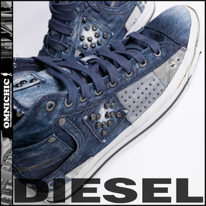 SAMPLE/パッチワークスタッズEXPOSURE1■新品【DIESEL】ディーゼルインディゴデニム×レザー×スタッズハイカットスニーカー27.5