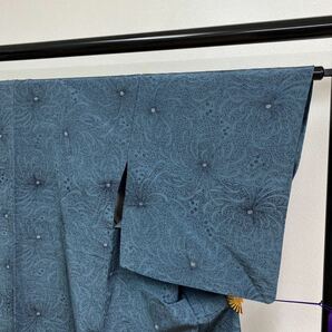 着物月花 琉球藍型 乱菊文様 単衣紬 正絹 ki244の画像4