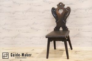 GMGN59A○スペイン製 西洋 アンティーク 椅子 サイドチェア レザー 彫刻 鋲打ち ヴィンテージ カントリー レトロ 古木