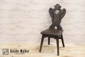 GMGN59B○スペイン製 西洋 アンティーク 椅子 サイドチェア レザー 彫刻 鋲打ち ヴィンテージ カントリー レトロ 古木