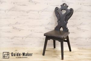 GMGN59C○スペイン製 西洋 アンティーク 椅子 サイドチェア レザー 彫刻 鋲打ち ヴィンテージ カントリー レトロ 古木