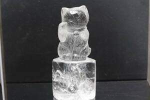 11月特価！天然クリスタル「招き猫」置物 右手を挙げている猫【金運UP!】天然水晶彫刻品 高さ：129mm【bm-4】