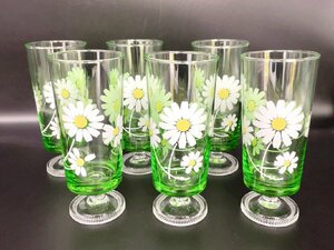 アデリアグラス 6個セット 花柄グリーン系 足つきグラス/食器 グラス コップ 昭和レトロ （HM061）