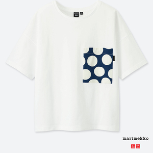 ラスト1点★ ユニクロ マリメッコ コラボ XLサイズ ボートネック ポケット Tシャツ marimekko Polle 水玉 ホワイト ネイビー 新品 完売