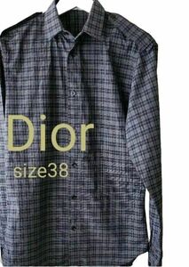 Dior ディオール肩エポレット付きチェックドレス長袖シャツcollarグレー/ブラック系size38