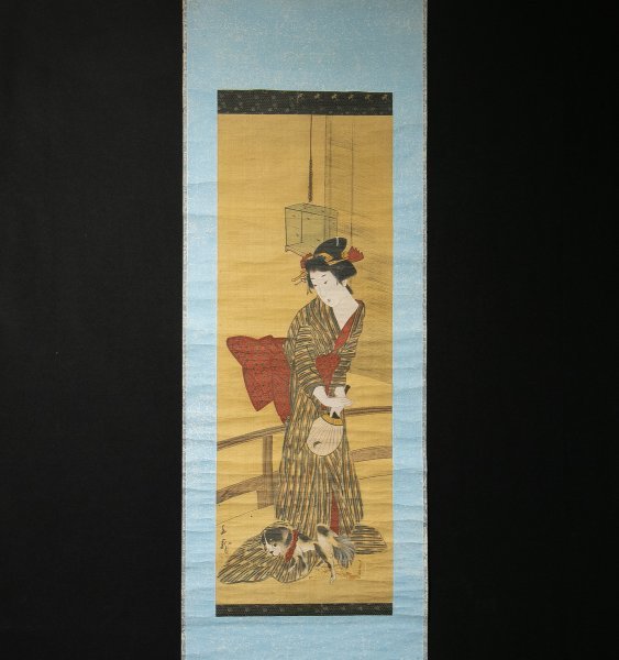 374 [Copia] Ryu Mibatakami Beauty and Cat Ukiyo-e, artista de finales del período Edo, pintura de género Kamigata, cuadro, pintura japonesa, persona, Bodhisattva