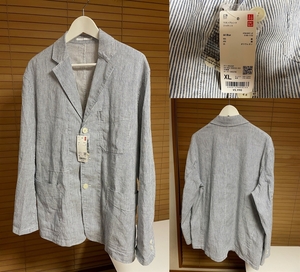 【新品 定価5,990円 国内正規品】UNIQLO ユニクロ ストライプ リネンブレンド ストライプ テーラード ジャケット XL ブルー×ホワイト系