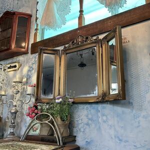 アンティークな部屋 おしゃれな鏡 三面鏡 ⑭ ウォールミラー 2WAY 折畳み式 壁掛け鏡 置き鏡 #インテリア装飾品 #ドレッサーミラー 