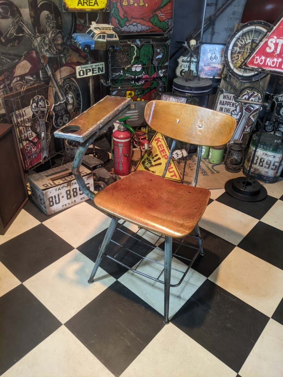 American Vintage American School Desk (Revised) Side Table Chair #Drink Holder Coffee Table Industrial Furniture, handmade works, furniture, Chair, table, desk