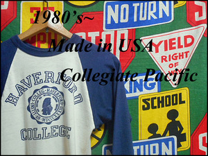 ★珍しい七部丈★Made in USA製アメリカ製Collegate Pacificビンテージ染み込みプリントカレッジTシャツ80s80年代ラグランベースボールTS