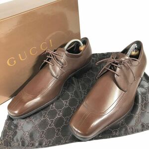 未使用品【グッチ】本物 GUCCI 靴 26cm 茶 ビジネスシューズ 外羽根式 本革 レザー 男性用 メンズ イタリア製 41 E 保存袋 箱有