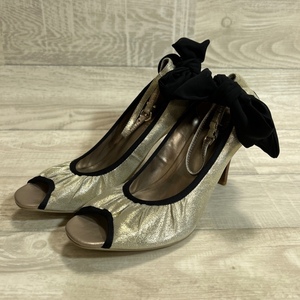 Petie Maison/ small mezzo n/ ankle strap rubber piping lame open tu pumps / gold group / ribbon design /24.0cm