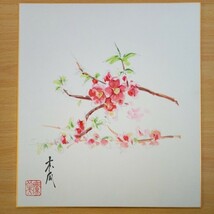 野口広美　木瓜　色紙　水彩　真作　絵画　花_画像5