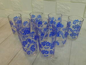 ee231* Showa Retro TOYO GLASS/ Orient glass **gala spade 9 customer .** flower pattern blue tumbler print glass 70's/ 80