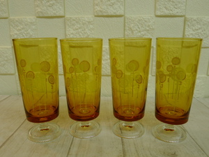 ee028* Showa Retro ARERIA/ate rear amber legs attaching glass 4 customer sunflower sweets color gala spade tumbler amber 60-70's Mid-century /60