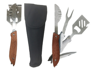  не использовался Camping BBQ Tools Wood кемпинг BBQ tool z дерево 6in1( щипцы / turner / вилка / нож / консервный нож / штопор ) High Mount 