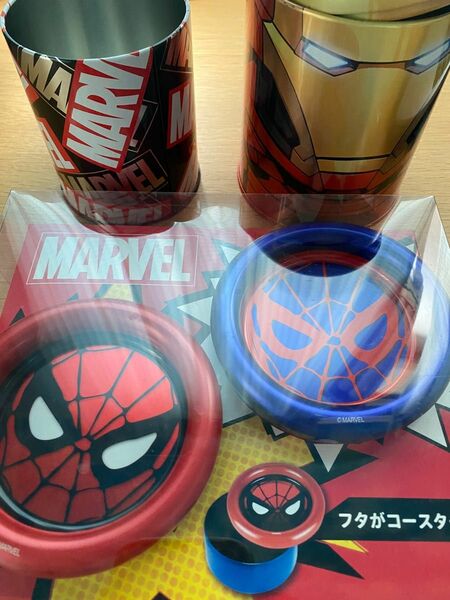 MARVEL グッズ　実用品　コースター　缶　物入れ　入れ物　スパイダーマン　アイアンマン