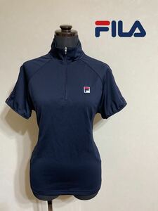 【良品】 FILA フィラ レディース テニス トレーニング ウェア ハーフジップ ドライ プルオーバー トップス サイズL 半袖 ネイビー