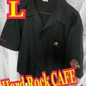 Hard Rock CAFE ハードロックカフェオープンカラーシャツ 刺繍ロゴ ピンバッチ エルサルバドル製 黒 L