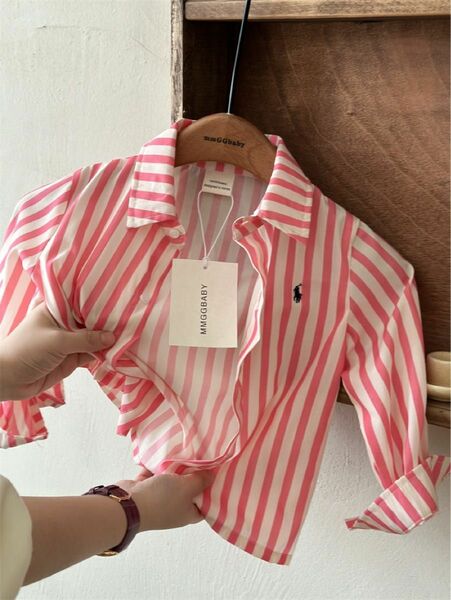 【大人気】韓国子供服 ポロ刺繍 長袖 シャツ ピンク ストライプ 100cm