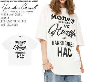 【 HARSH AND CRUEL 】 ハーシュアンドクルーエル 正規品 ユニセックス ビッグサイズ ビッグロゴ プリント Tシャツ ホワイト XL