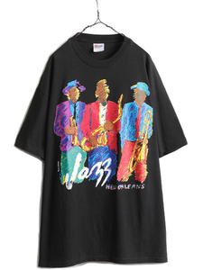 90s ★ ジャズ アート プリント Tシャツ メンズ XL / 90年代 オールド JAZZ イラスト バンド シングルステッチ ヘビーウェイト ヘインズ 黒