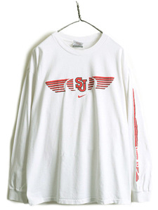 00s ■ TEAM NIKE センター スモール スウォッシュ カレッジ プリント 長袖 Tシャツ ( メンズ L ) 00年代 オールド ナイキ ロンT 白 袖プリ