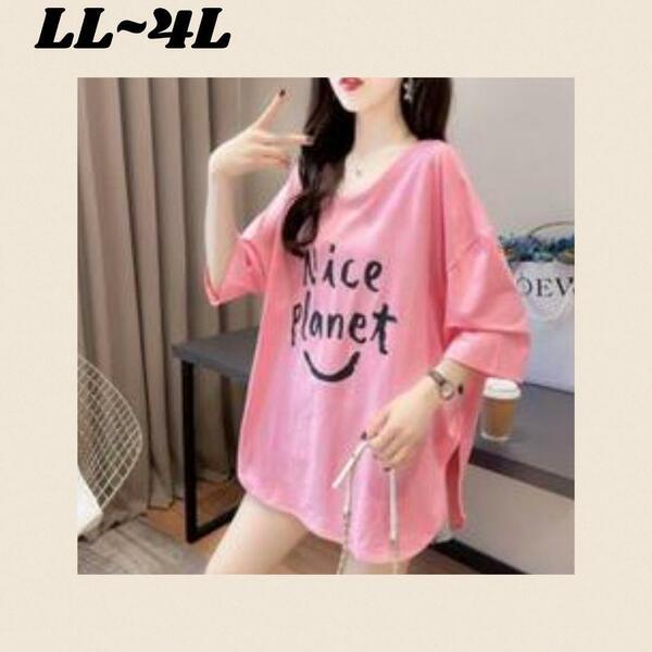 大きいサイズ春夏 レディース レースアップ Tシャツワンピース LL-4L PK