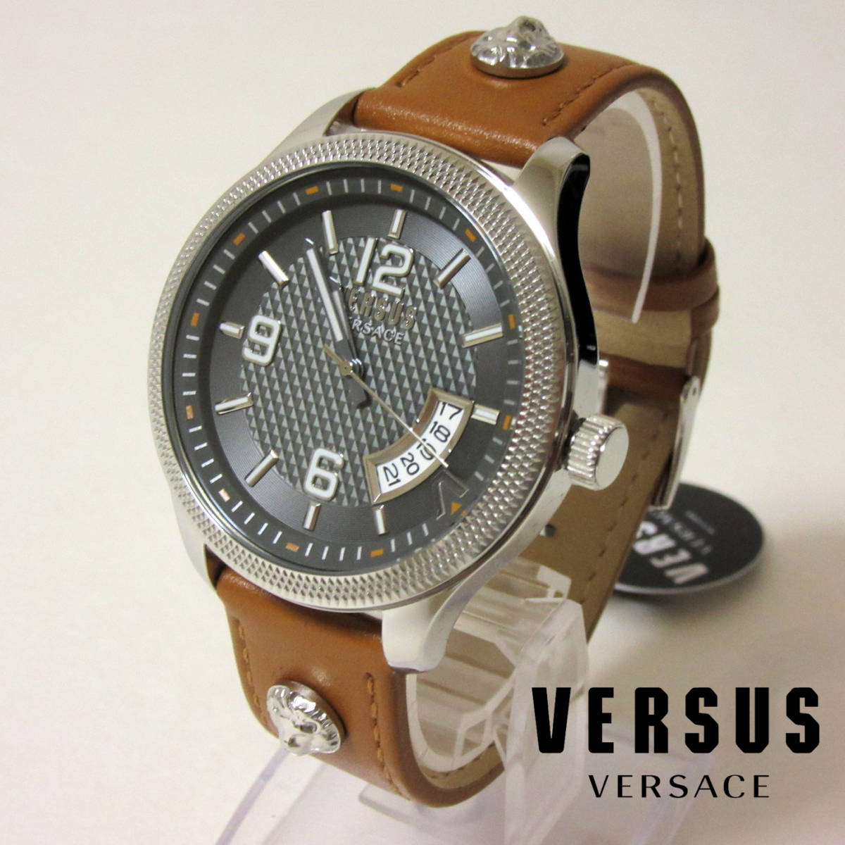 Nouveau dans la boîte VERSUS VERSACE Montre pour homme guillochée à 3 aiguilles avec ceinture en cuir faite à la main marron 44 mm, montres de marque, Une ligne, Versace