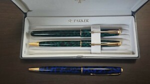 [ free shipping ]PARKER SONNET fountain pen + ballpen ( green ), ballpen ( blue put on . changing for ), case attaching .3 pcs set 