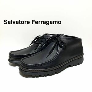 ☆美品 サルヴァトーレフェラガモ Salvatore Ferragamo 近年モデル レザー モカシン ショートブーツ 黒 イタリア製 チャッカブーツ