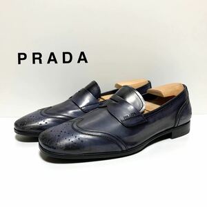 ☆良品 プラダ PRADA ダメージ加工 ウイングチップ レザー コインローファー シューズ イタリア製 革靴 ペニーローファー スリッポン