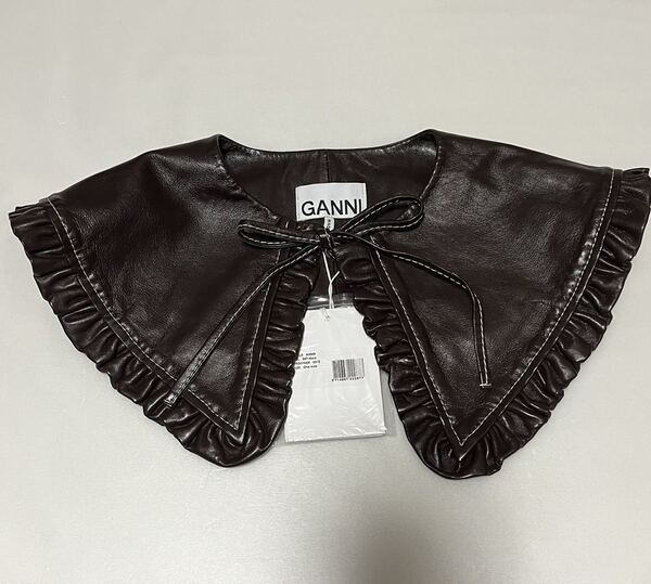 新品 GANNI ガニー フリル 付け襟 レザー ラッフルカラー つけ襟 付けエリ ダークブラウン こげ茶