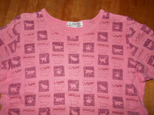 USPP ユーエスピーピー 猫 ネコ ロゴ 総柄 Tシャツ 半袖 ピンク Mサイズ 綿 コットン レディース ユーピーカンパニー