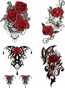 A Yesallwas タトゥーシール トライバル 薔薇 赤 黒 4枚セット 長持ち タトゥーステッカー ボディーシール 刺青シー