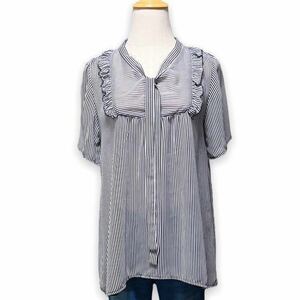 T142* adult casual *KLEIN PLUS clamp ryus stripe bow Thai frill tunic blouse navy white size 38 M corresponding 