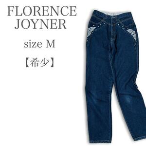 M1303★希少★FLORENCE JOYNER フローレンスジョイナー デニムパンツ スタッズ 刺繍 脚長効果 Mサイズ ブラック レディース ヴィンテージ