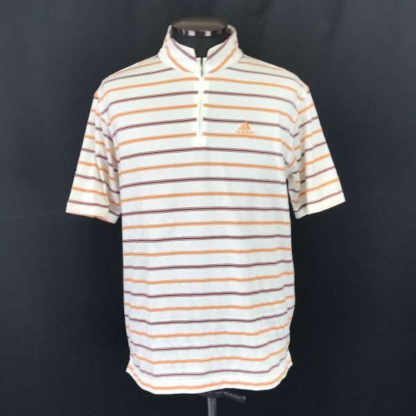 adidas★ハーフジップ/半袖シャツ【Mens size -M/白×オレンジ/white×orange/ボーダー】ゴルフウェア/ポロシャツ/Tops/Shirts◆BH141