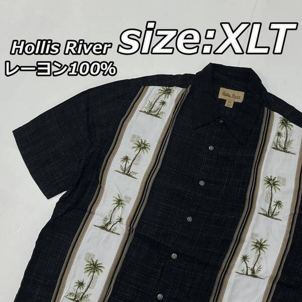 size:XLT【Hollis River】ホリスリバー レーヨン100％ ヤシの木 ストライプ ボックス ビッグサイズ 黒 ブラック