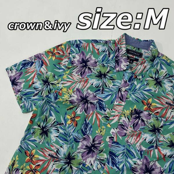 size:M【crown＆ivy】ハイビスカス リーフ 花柄 アロハシャツ エメラルドグリーン クラウンアンドアイビー