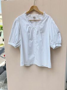 イギリスヨーロッパ古着チロリアンシャツ コットン レース ブラウス Tyrolean blouse lace frill blouse shirt 半袖パフスリーブLV786