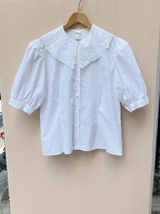 イギリスヨーロッパ古着チロリアンブラウスコットン レース ブラウス Tyrolean blouse lace frill blouse shirt 半袖パフスリーブLV787